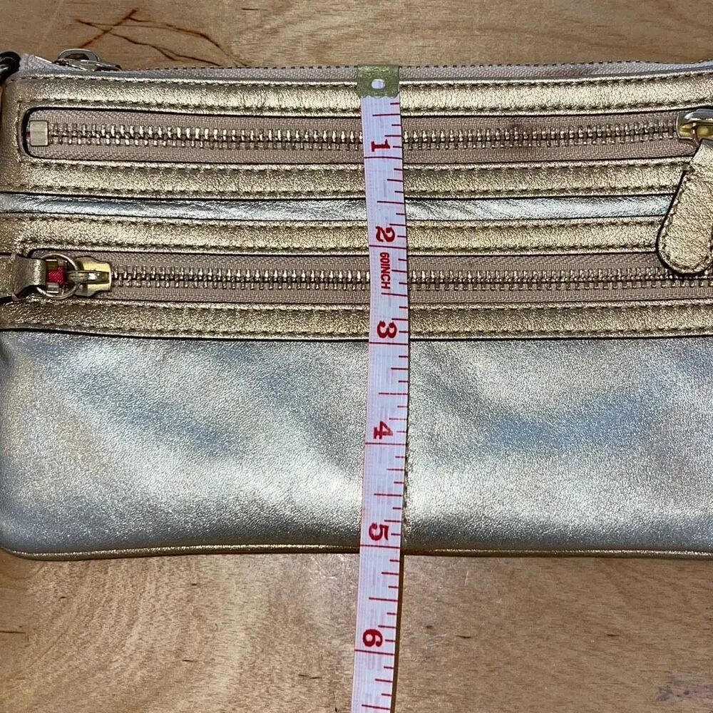 Coach Leather Wristlet Metallic Gold Triple Zippy Pocket - Picture 9 of 9